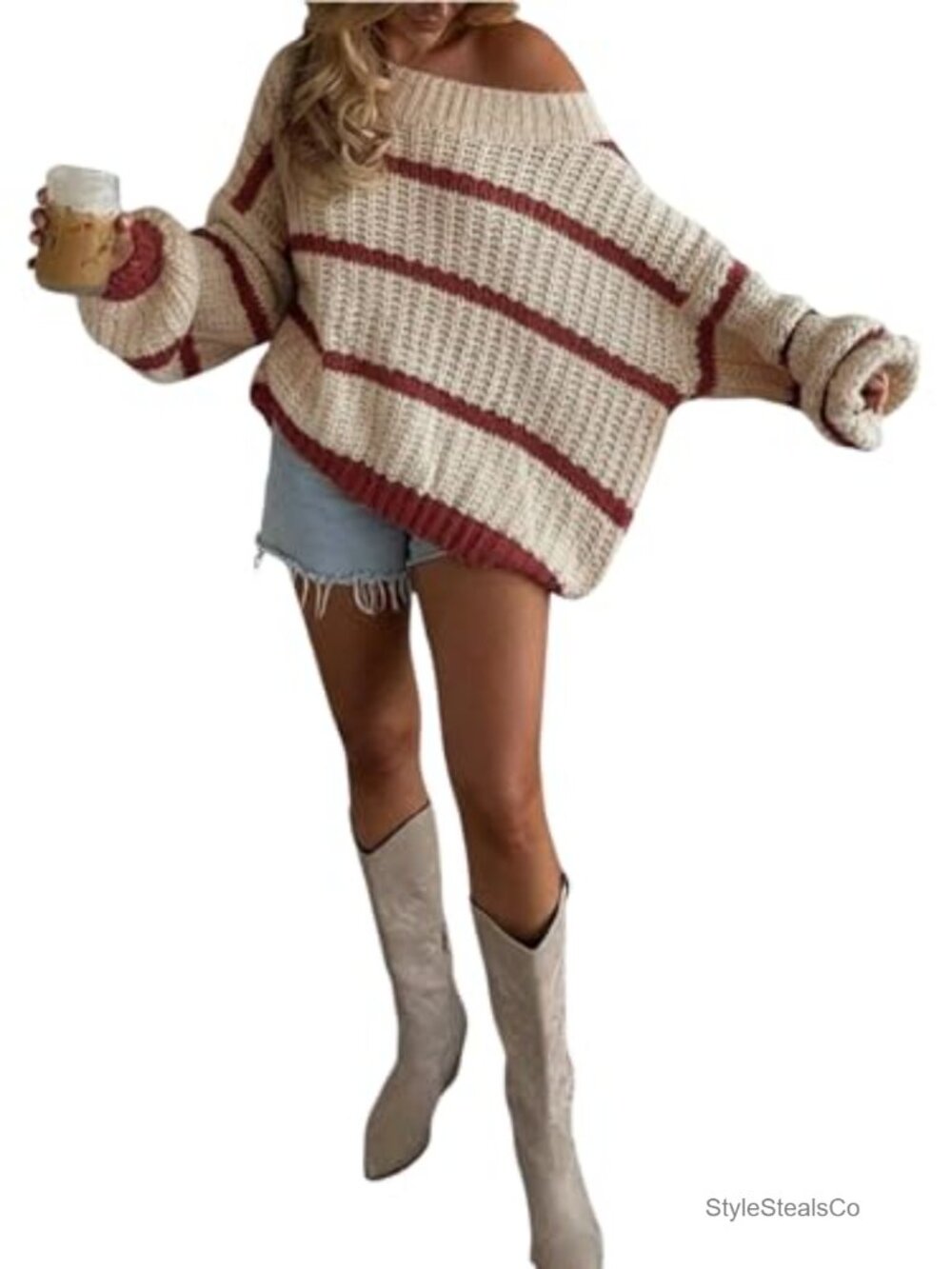 Off Shoulder Striped Pullover Sweater Loose Knit Fall Top